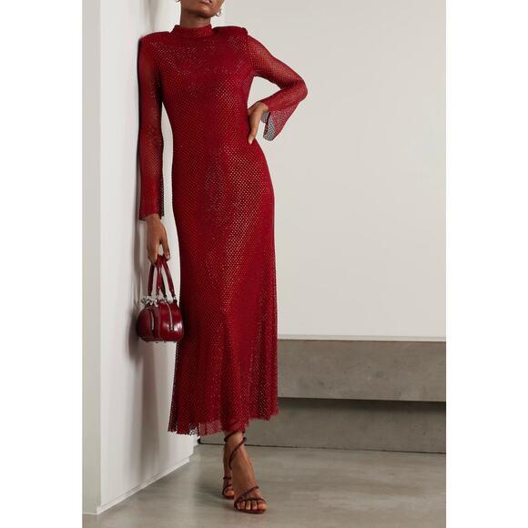 SELF-PORTRAIT Red Crystal-embellished mesh turtleneck midi dress - Picture 1 of 8